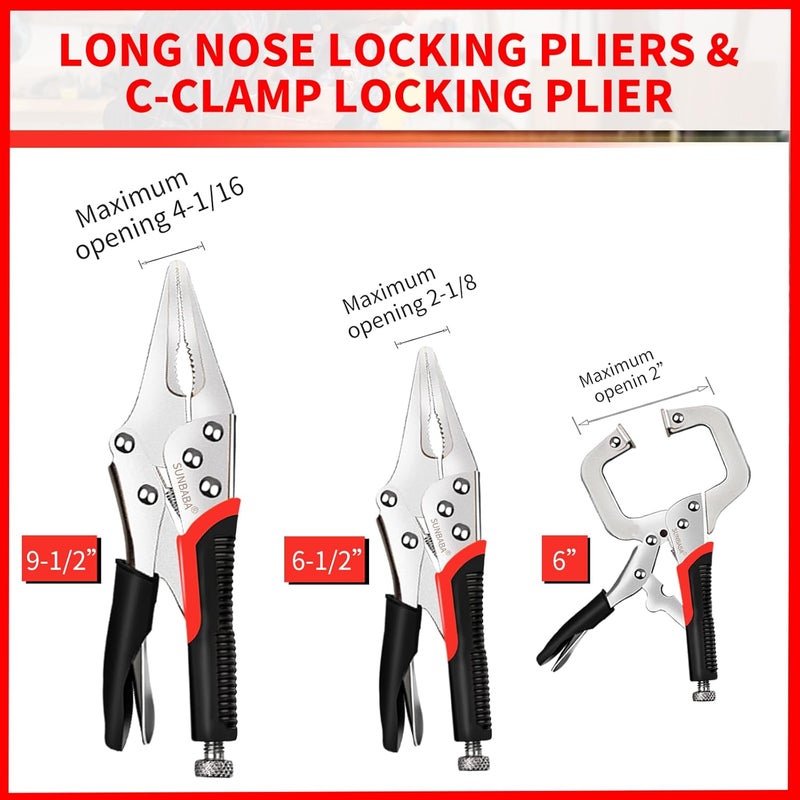 Sunbaba Locking Pliers Set, 6-Piece Vice Grips Pliers Set Long Nose 6-1/2”, 9-1/2” Curved Jaw 5” 7” 10” C-Clamp 6” Adjustable Screw - Image 3